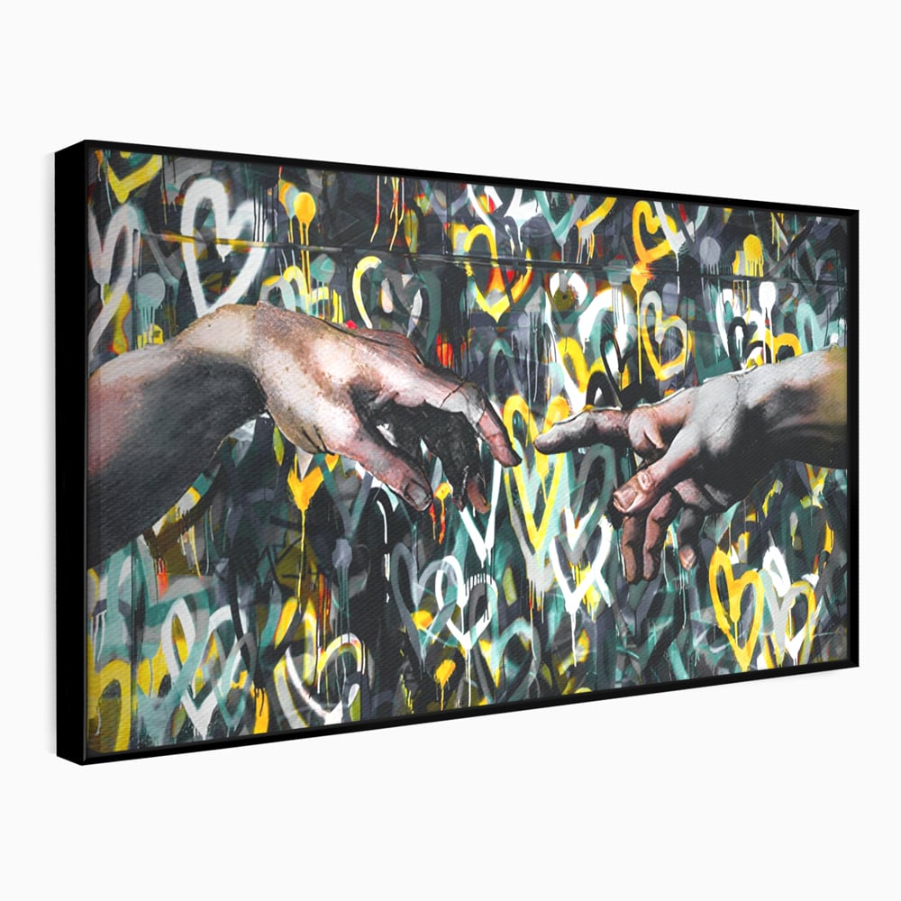 Tablou canvas cu tablou canvas cu maini si inimi, in rama de aluminiu negru